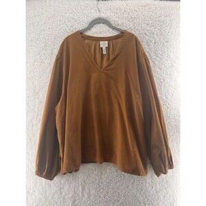 Women's 4X Blouse Corduroy Golden Brown V-Neck Long Sleeve Lightweight Comfort